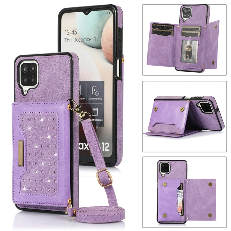 For Samsung Galaxy A12 Three-fold RFID Leather Phone Case with Lanyard