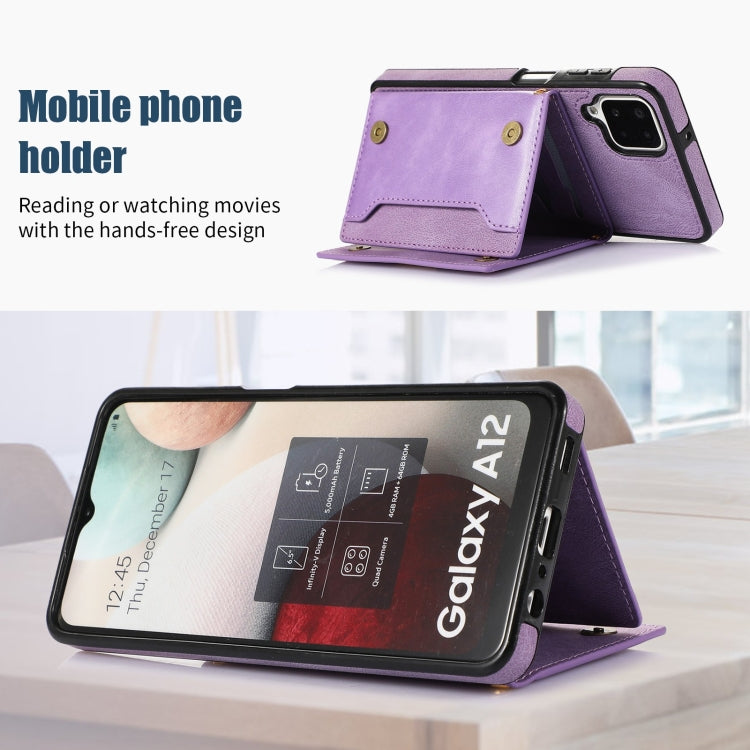 For Samsung Galaxy A12 Three-fold RFID Leather Phone Case with Lanyard