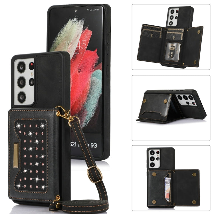 For Samsung Galaxy S21 Ultra Three-fold RFID Leather Phone Case with Lanyard