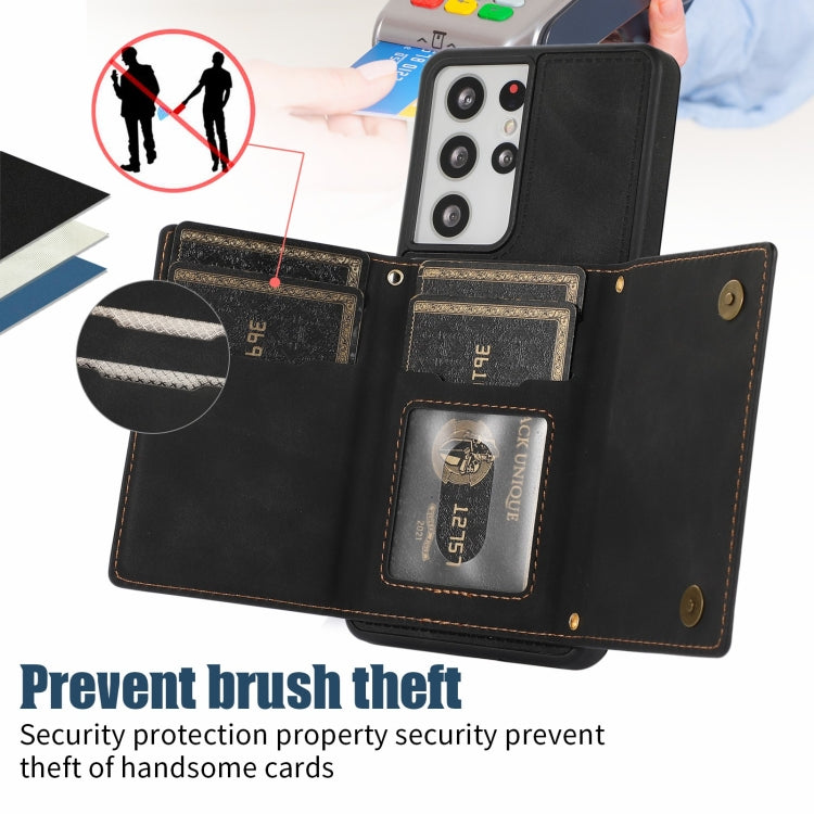 For Samsung Galaxy S21 Ultra Three-fold RFID Leather Phone Case with Lanyard