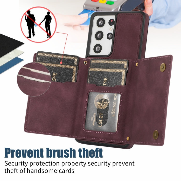 For Samsung Galaxy S21 Ultra Three-fold RFID Leather Phone Case with Lanyard