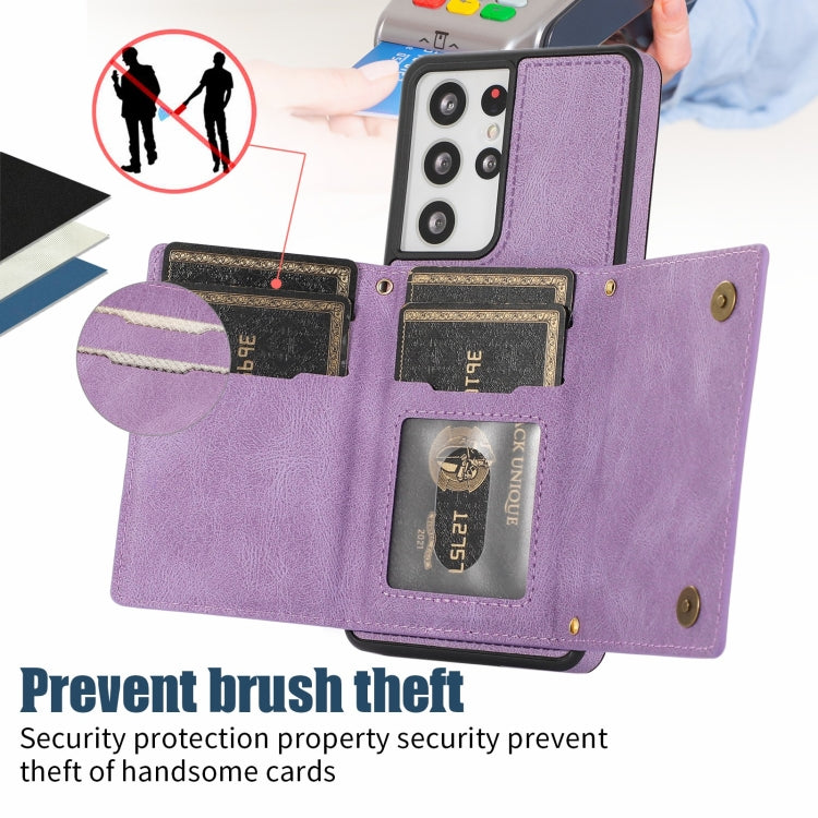 For Samsung Galaxy S21 Ultra Three-fold RFID Leather Phone Case with Lanyard