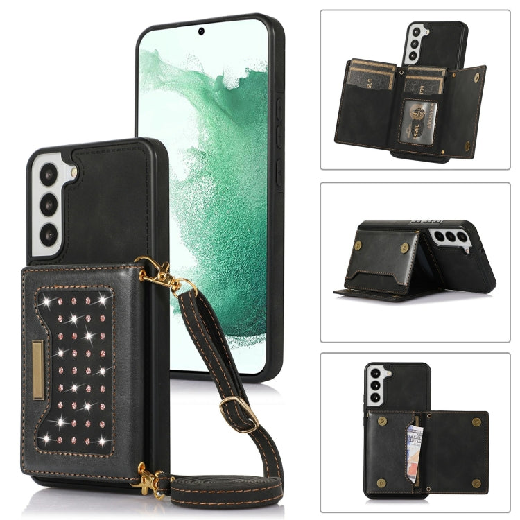 For Samsung Galaxy S22+ Three-fold RFID Leather Phone Case with Lanyard