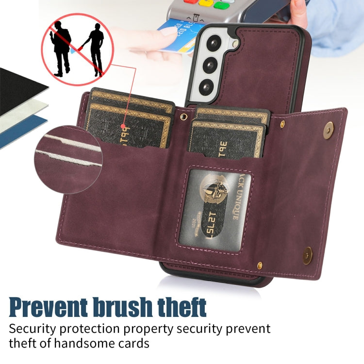 For Samsung Galaxy S22+ Three-fold RFID Leather Phone Case with Lanyard
