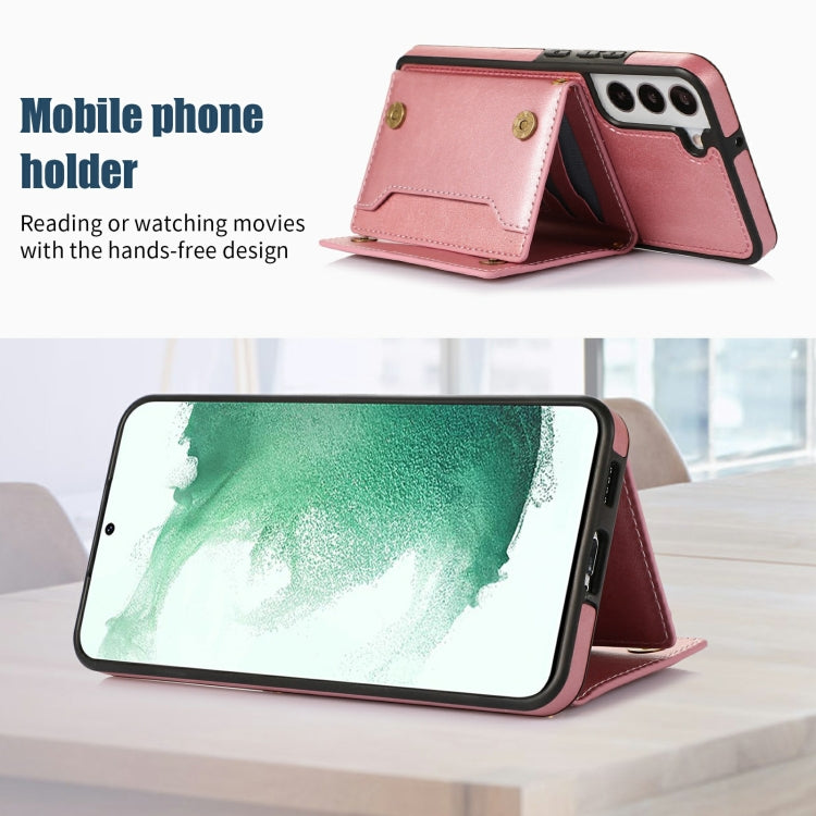 For Samsung Galaxy S22+ Three-fold RFID Leather Phone Case with Lanyard