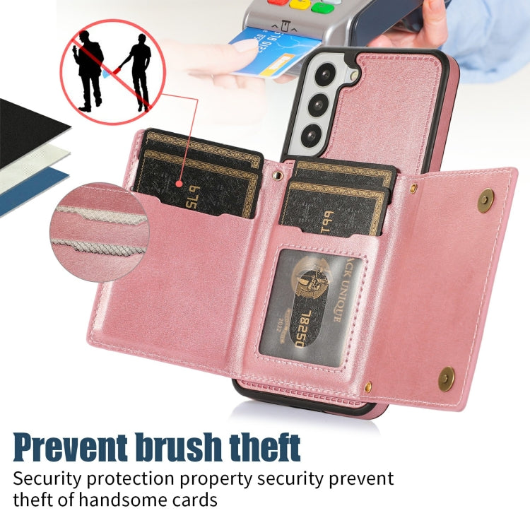 For Samsung Galaxy S22+ Three-fold RFID Leather Phone Case with Lanyard
