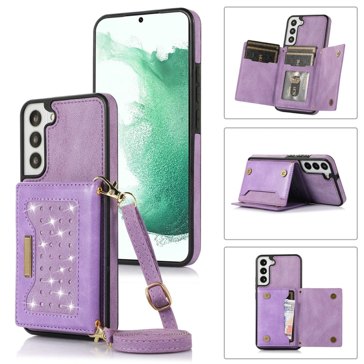 For Samsung Galaxy S22+ Three-fold RFID Leather Phone Case with Lanyard