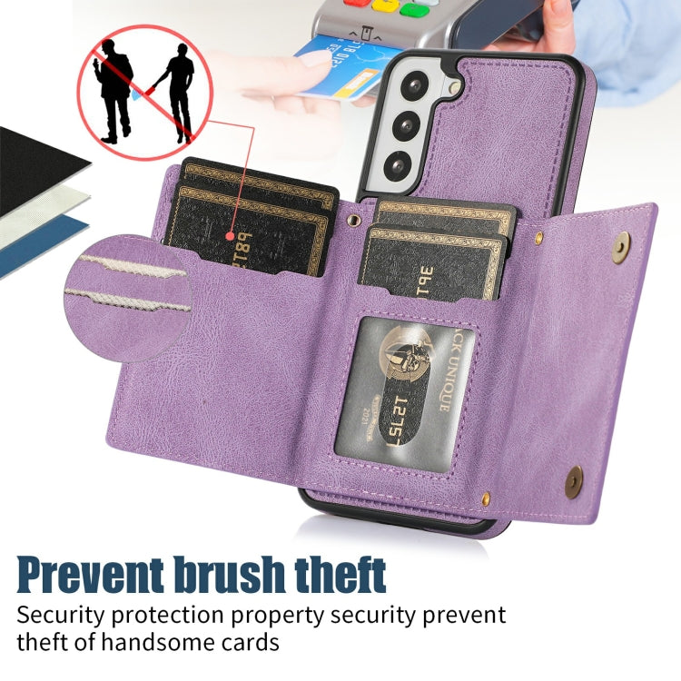 For Samsung Galaxy S22+ Three-fold RFID Leather Phone Case with Lanyard
