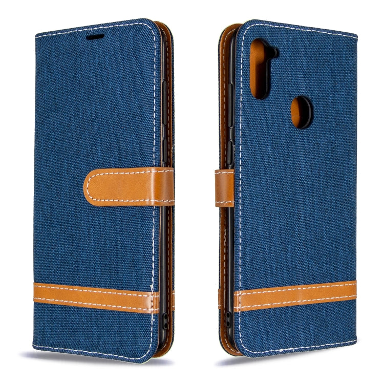 For Galaxy A11 Color Matching Denim Texture Horizontal Flip Leather Case with Holder & Card Slots & Wallet & Lanyard