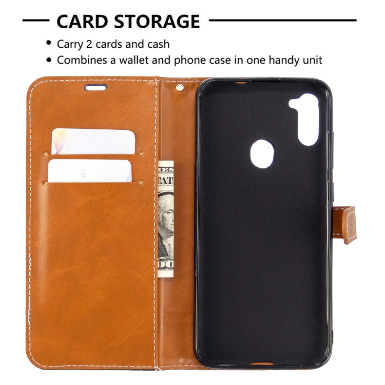For Galaxy A11 Color Matching Denim Texture Horizontal Flip Leather Case with Holder & Card Slots & Wallet & Lanyard