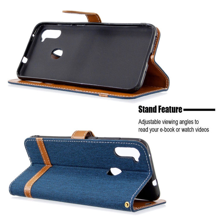 For Galaxy A11 Color Matching Denim Texture Horizontal Flip Leather Case with Holder & Card Slots & Wallet & Lanyard