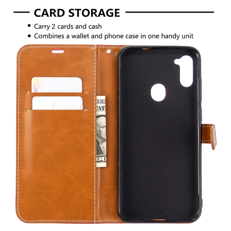 For Galaxy A11 Color Matching Denim Texture Horizontal Flip Leather Case with Holder & Card Slots & Wallet & Lanyard