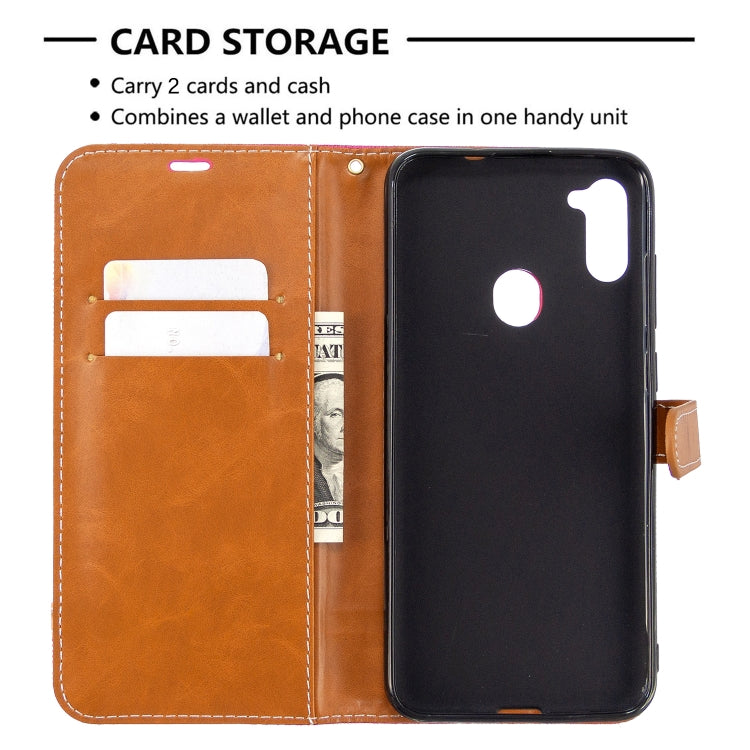 For Galaxy A11 Color Matching Denim Texture Horizontal Flip Leather Case with Holder & Card Slots & Wallet & Lanyard