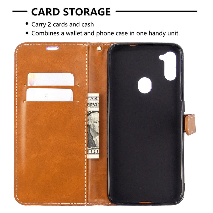 For Galaxy A11 Color Matching Denim Texture Horizontal Flip Leather Case with Holder & Card Slots & Wallet & Lanyard