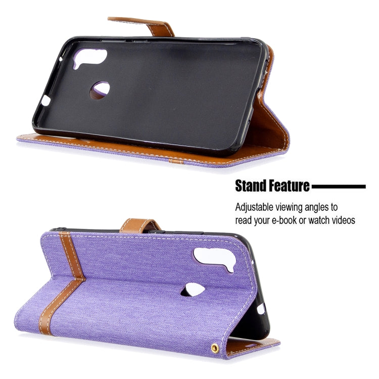 For Galaxy A11 Color Matching Denim Texture Horizontal Flip Leather Case with Holder & Card Slots & Wallet & Lanyard