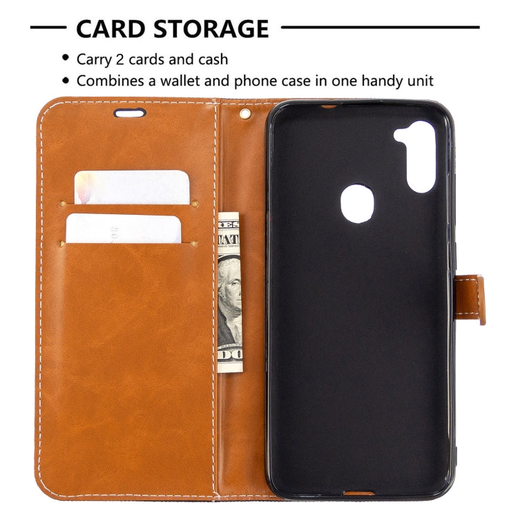For Galaxy A11 Color Matching Denim Texture Horizontal Flip Leather Case with Holder & Card Slots & Wallet & Lanyard