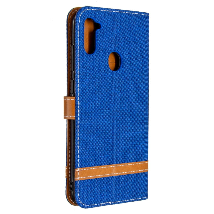 For Galaxy A11 Color Matching Denim Texture Horizontal Flip Leather Case with Holder & Card Slots & Wallet & Lanyard