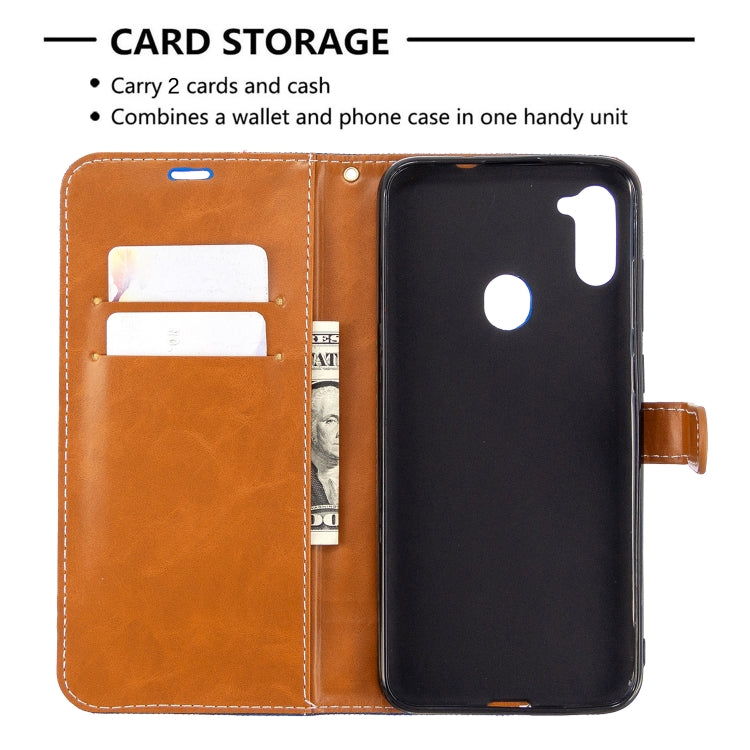 For Galaxy A11 Color Matching Denim Texture Horizontal Flip Leather Case with Holder & Card Slots & Wallet & Lanyard