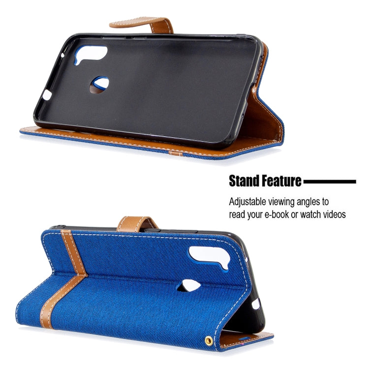 For Galaxy A11 Color Matching Denim Texture Horizontal Flip Leather Case with Holder & Card Slots & Wallet & Lanyard