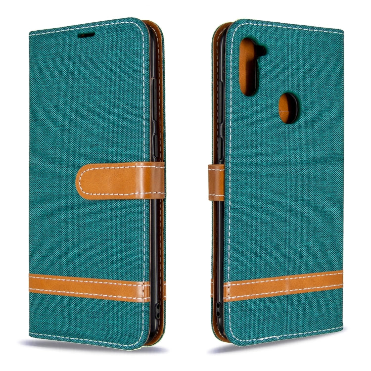 For Galaxy A11 Color Matching Denim Texture Horizontal Flip Leather Case with Holder & Card Slots & Wallet & Lanyard