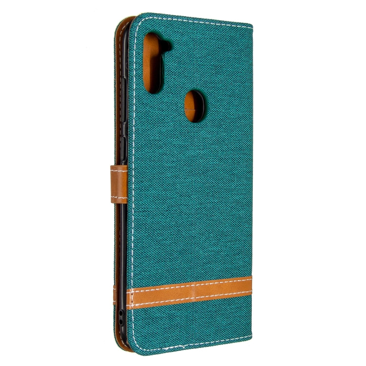 For Galaxy A11 Color Matching Denim Texture Horizontal Flip Leather Case with Holder & Card Slots & Wallet & Lanyard