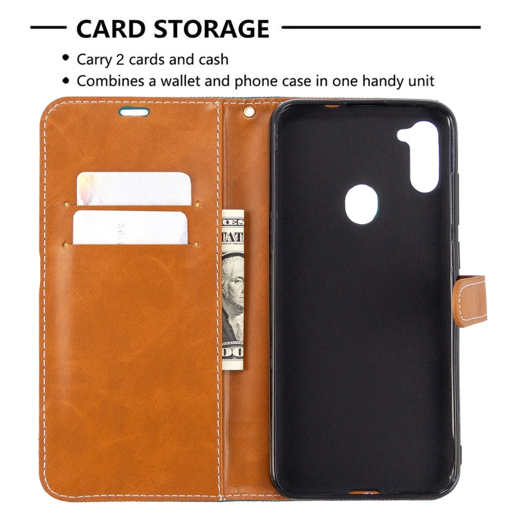 For Galaxy A11 Color Matching Denim Texture Horizontal Flip Leather Case with Holder & Card Slots & Wallet & Lanyard