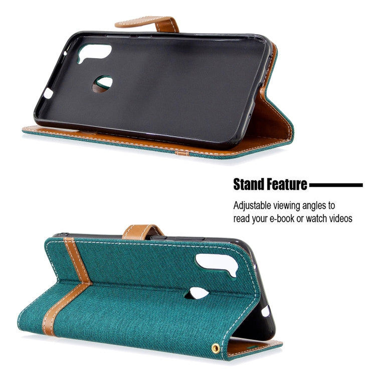 For Galaxy A11 Color Matching Denim Texture Horizontal Flip Leather Case with Holder & Card Slots & Wallet & Lanyard