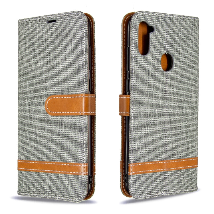 For Galaxy A11 Color Matching Denim Texture Horizontal Flip Leather Case with Holder & Card Slots & Wallet & Lanyard