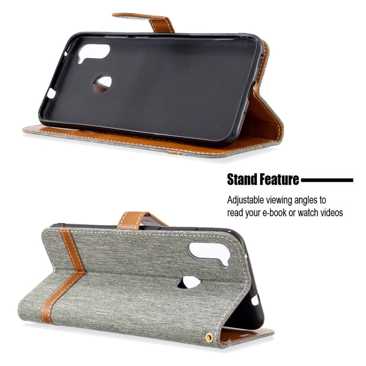 For Galaxy A11 Color Matching Denim Texture Horizontal Flip Leather Case with Holder & Card Slots & Wallet & Lanyard