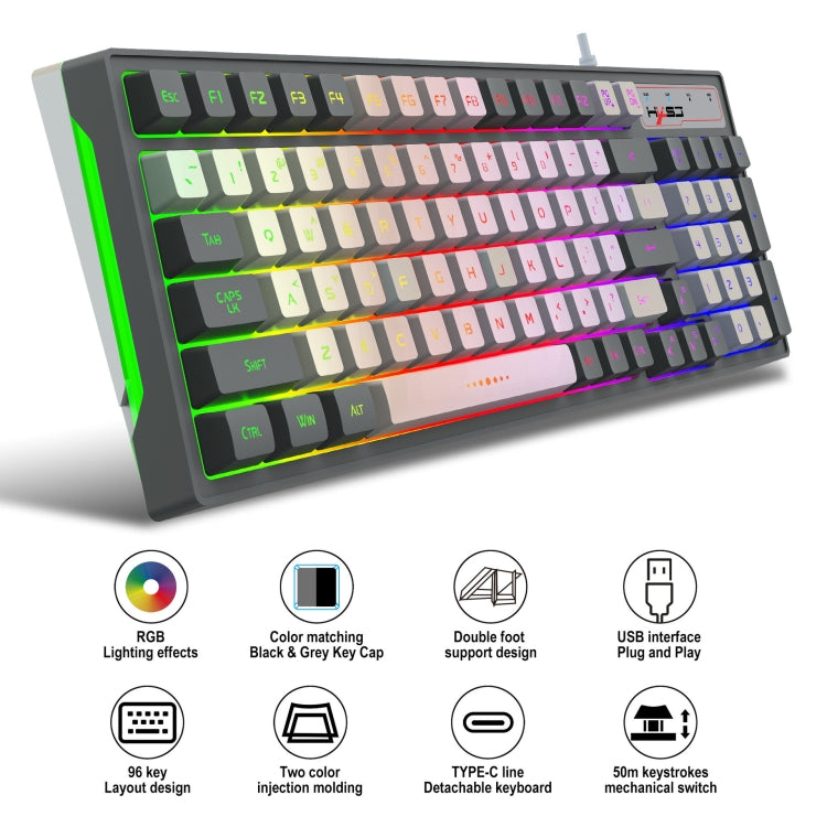 HXSJ V600 96-key RGB Backlit Dual-color Injection-molded Wired Gaming Keyboard