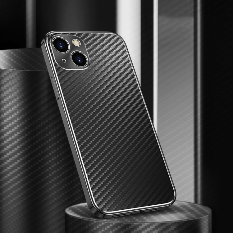 For iPhone 14 Metal Frame Carbon Fiber Phone Case(Black)