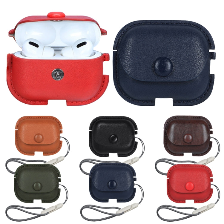 For AirPods Pro 2 Litchi Texture PU Leather Earphone Protective Case with Lanyard