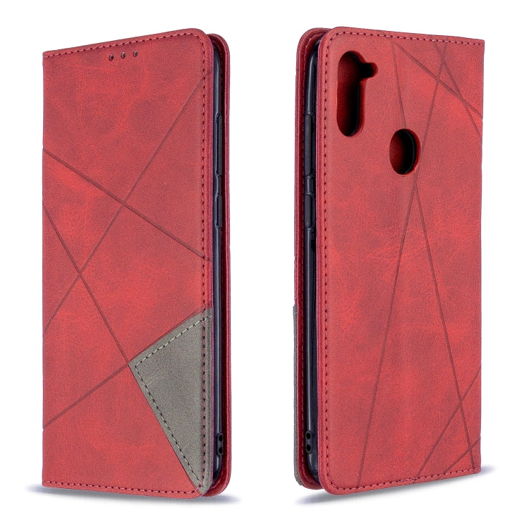 For Galaxy A11 Rhombus Texture Horizontal Flip Magnetic Leather Case with Holder & Card Slots & Wallet