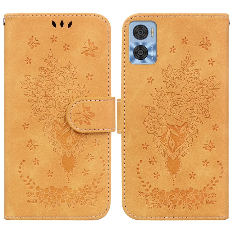 For Motorola Moto E22/E22i Butterfly Rose Embossed Leather Phone Case
