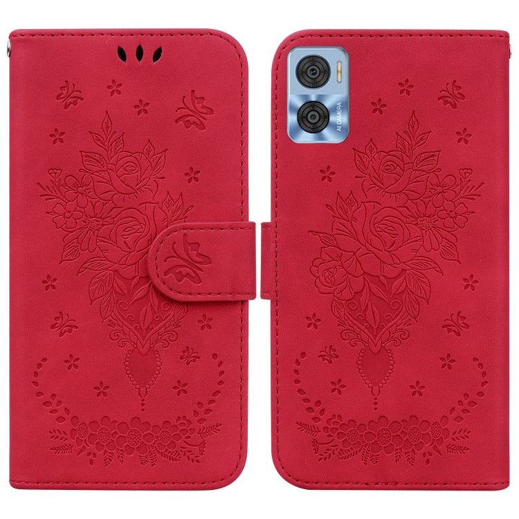 For Motorola Moto E22/E22i Butterfly Rose Embossed Leather Phone Case
