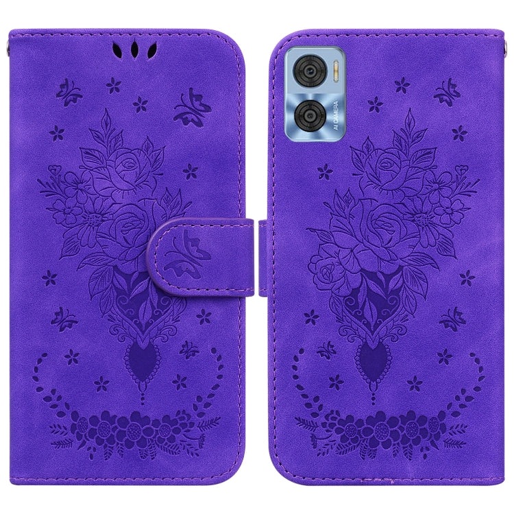 For Motorola Moto E22/E22i Butterfly Rose Embossed Leather Phone Case