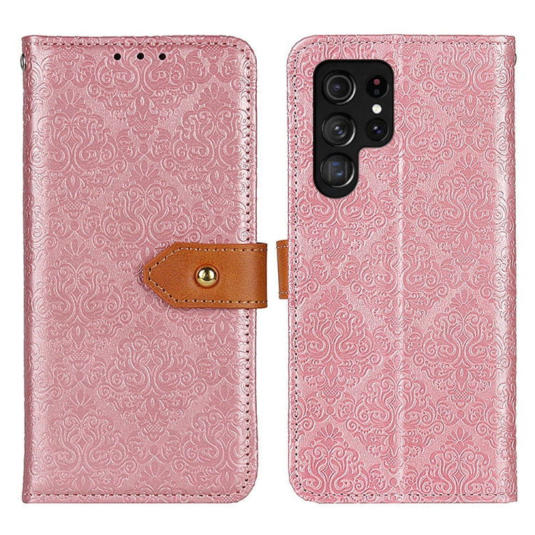 For Samsung Galaxy S23 Ultra 5G European Floral Embossed Copper Buckle PU Phone Case