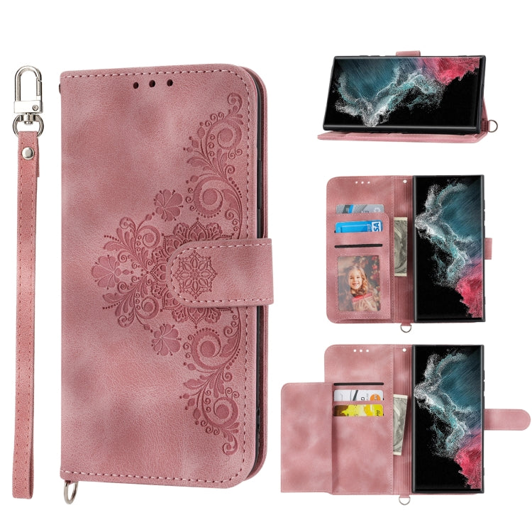 For Samsung Galaxy S22 Ultra 5G Skin-feel Flowers Embossed Wallet Leather Phone Case