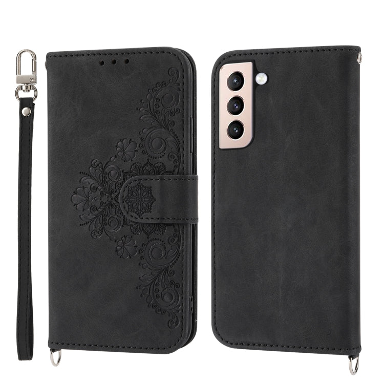 For Samsung Galaxy S21 5G Skin-feel Flowers Embossed Wallet Leather Phone Case