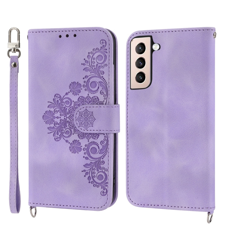 For Samsung Galaxy S21+ 5G Skin-feel Flowers Embossed Wallet Leather Phone Case