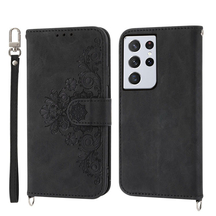 For Samsung Galaxy S21 Ultra 5G Skin-feel Flowers Embossed Wallet Leather Phone Case