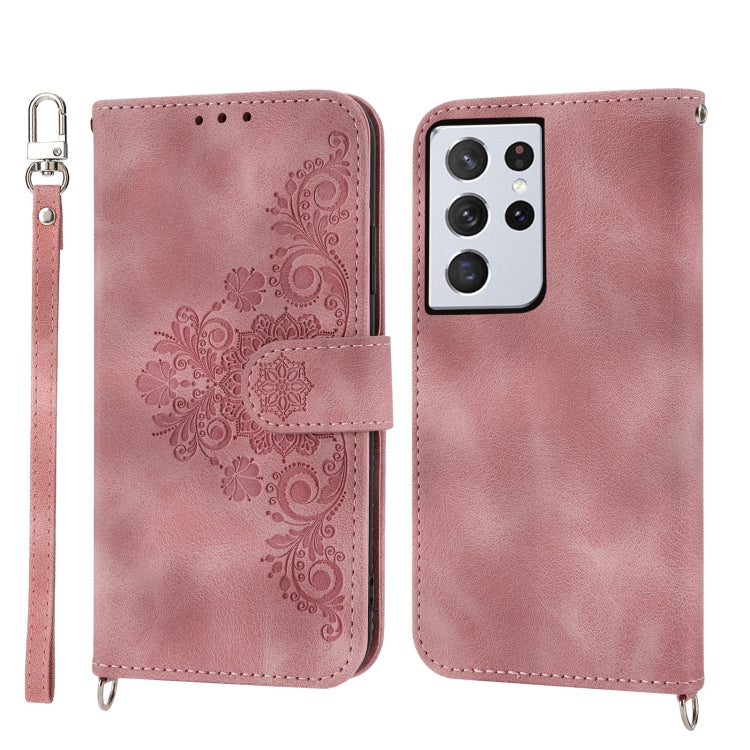 For Samsung Galaxy S21 Ultra 5G Skin-feel Flowers Embossed Wallet Leather Phone Case