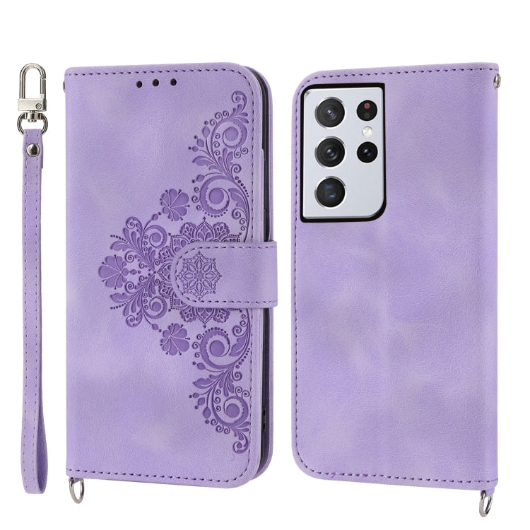 For Samsung Galaxy S21 Ultra 5G Skin-feel Flowers Embossed Wallet Leather Phone Case