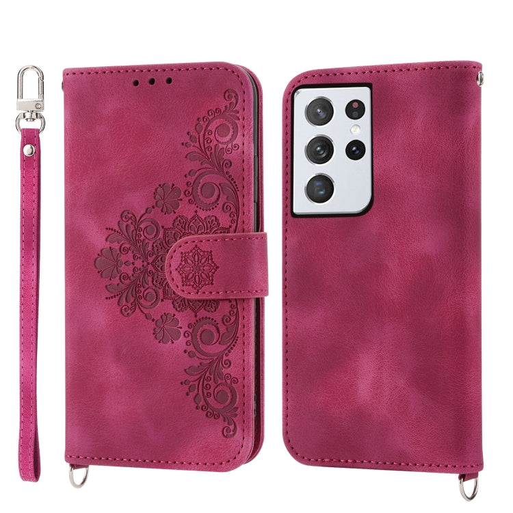 For Samsung Galaxy S21 Ultra 5G Skin-feel Flowers Embossed Wallet Leather Phone Case