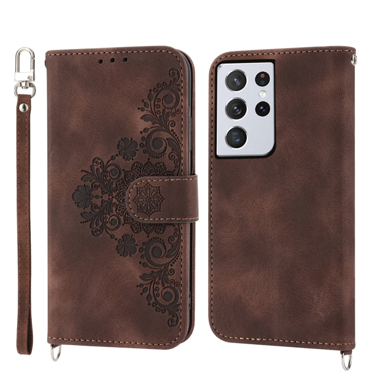 For Samsung Galaxy S21 Ultra 5G Skin-feel Flowers Embossed Wallet Leather Phone Case