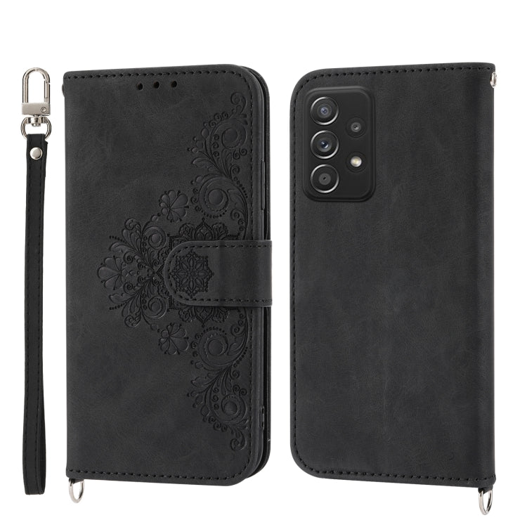For Samsung Galaxy A52 Skin-feel Flowers Embossed Wallet Leather Phone Case