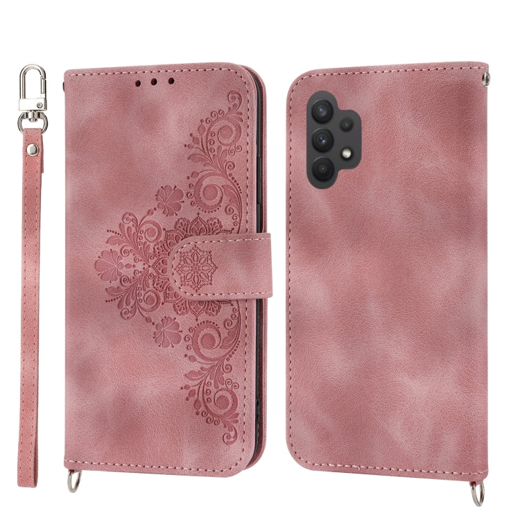 For Samsung Galaxy A32 4G Skin-feel Flowers Embossed Wallet Leather Phone Case