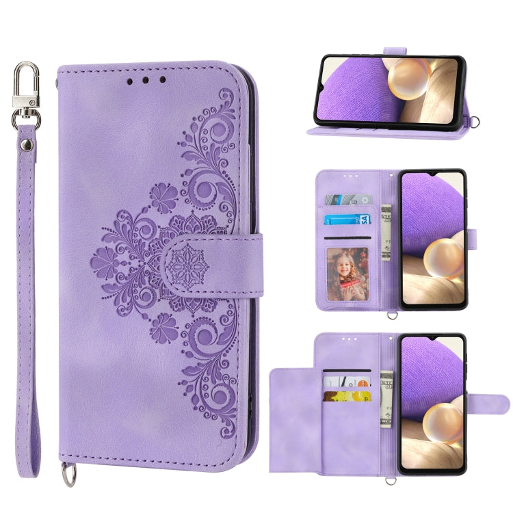 For Samsung Galaxy A32 4G Skin-feel Flowers Embossed Wallet Leather Phone Case
