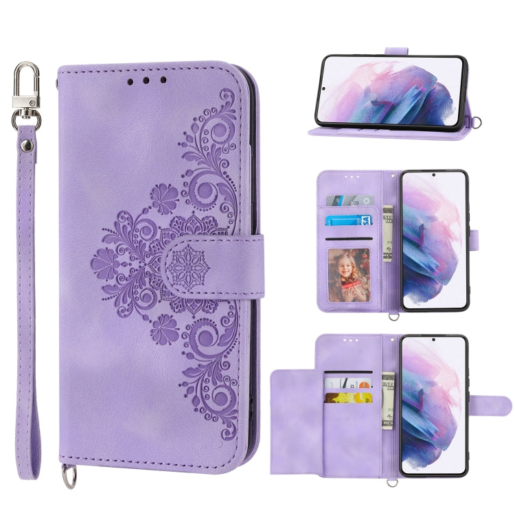 For Samsung Galaxy S21 FE 5G Skin-feel Flowers Embossed Wallet Leather Phone Case