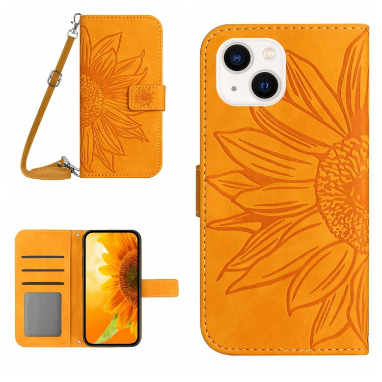 For iPhone 14 Skin Feel Sun Flower Pattern Flip Leather Phone Case with Lanyard